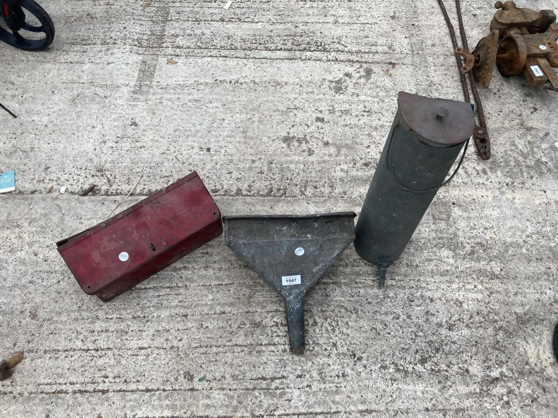 THREE VINTAGE ITEMS TO INCLUDE A WATER TANK WITH LOWER TAP AND A GALVANISED FUNNEL ETC