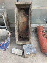 A VINTAGE WOODEN TROUGH, A WOODEN LIDDED BOX AND A 'PROCEA' TIN ETC