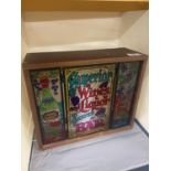 A WOODEN LIGHT BOX WITH COLOURED GLASS AND A WINE DESIGN, HEIGHT 29CM, WIDTH 34CM, DEPTH 13CM