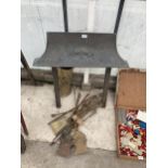 A VINTAGE COPPER FIRE HOOD, BRASS COMPANION ITEMS AND A BRASS STICK STAND ETC