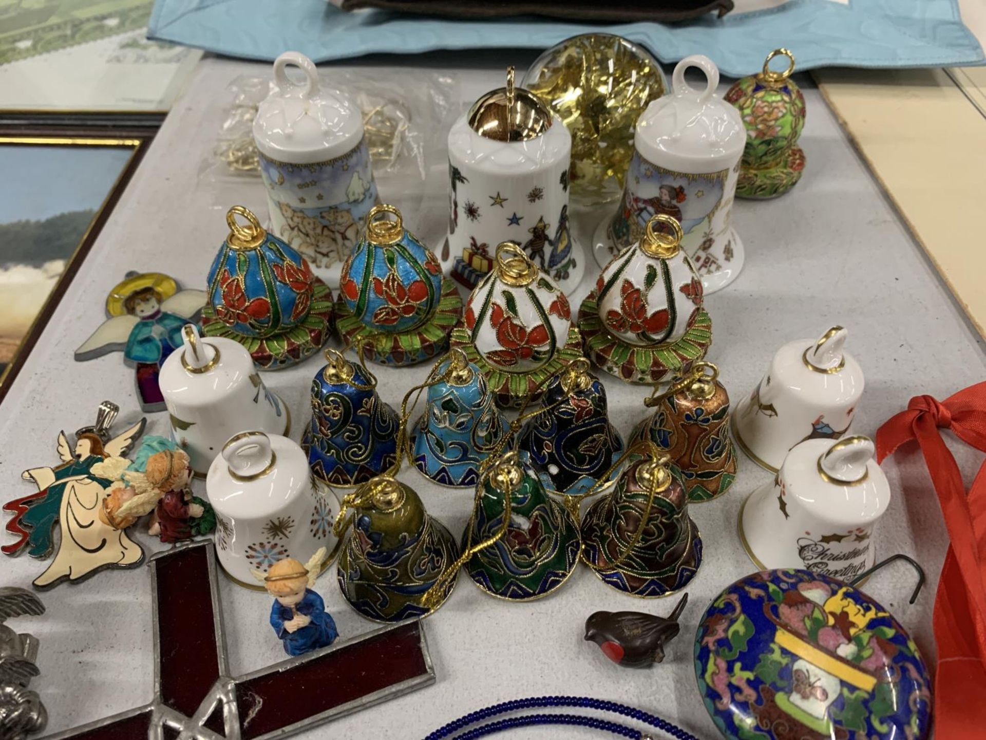 A COLLECTION OF FESTIVE BELLS TO INCLUDE CLOISONNE AND CHINA, A SMALL QUANTITY OF COSTUME JEWELLERY, - Image 2 of 3