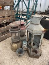 TWO VINTAGE PARAFIN LANTERNS AND FURTHER LANTERN SPARES