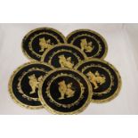 SIX ORIENTAL STYLE PAPIER MACHE PLACE MATS WITH GILT FOO DOG DISIGN, DIAMETER 22CM