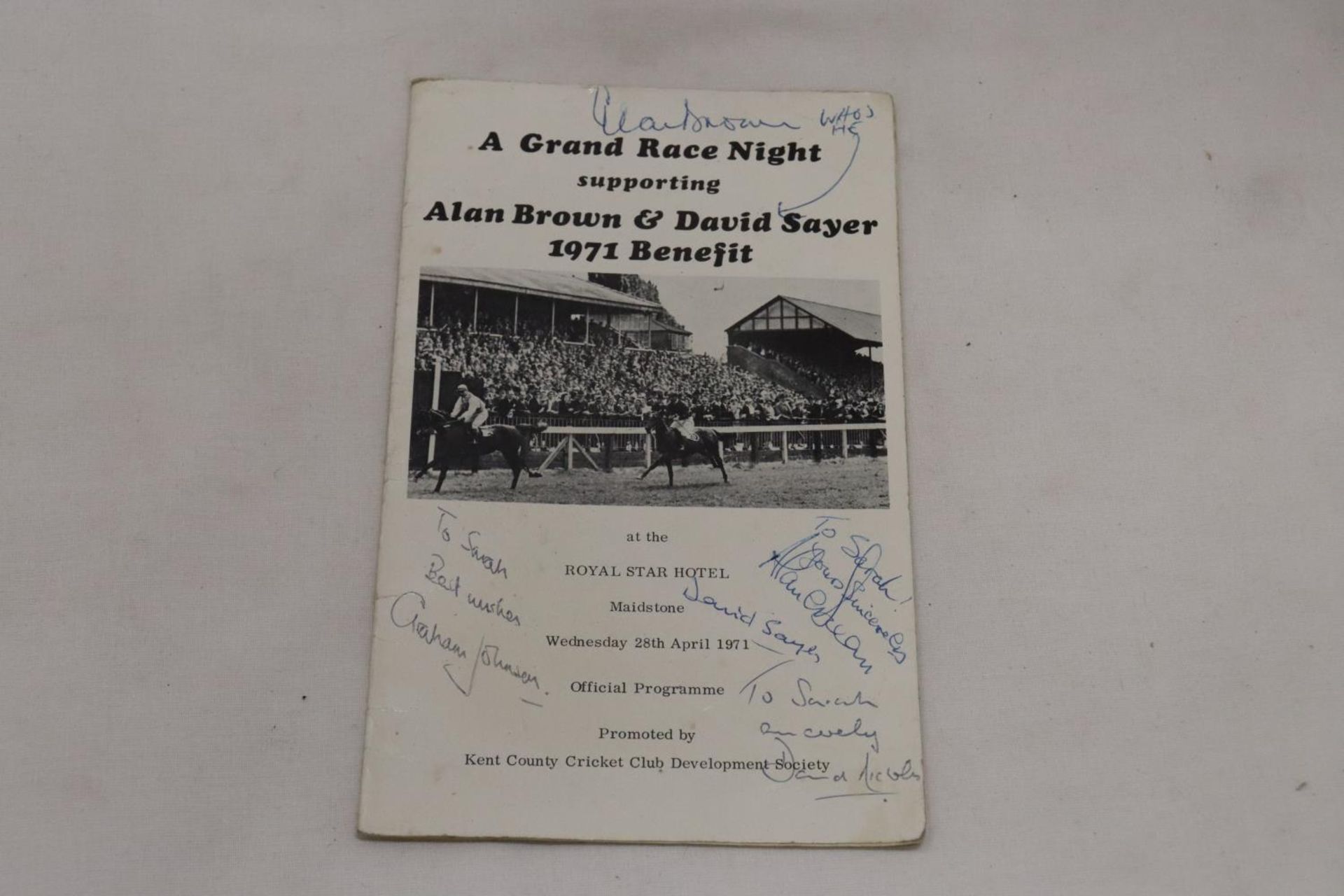 A 1971 ALAN BROWN AND DAVID SAYER BENEFIT PROGRAMME, PROMOTED BY KENT CRICKET CLUB, WITH SIGNATURES