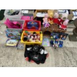 A LARGE ASSORTMENT OF CHILDRENS TOYS TO INCLUDE PEPPA PIG TEDDIES, LEGO SETS AND FIGURES ETC