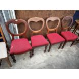 A SET OF FOUR VICTORIAN MAHOGANY BALLOON BACK DINING CHAIRS ON TURNED FRONT SUPPORTS