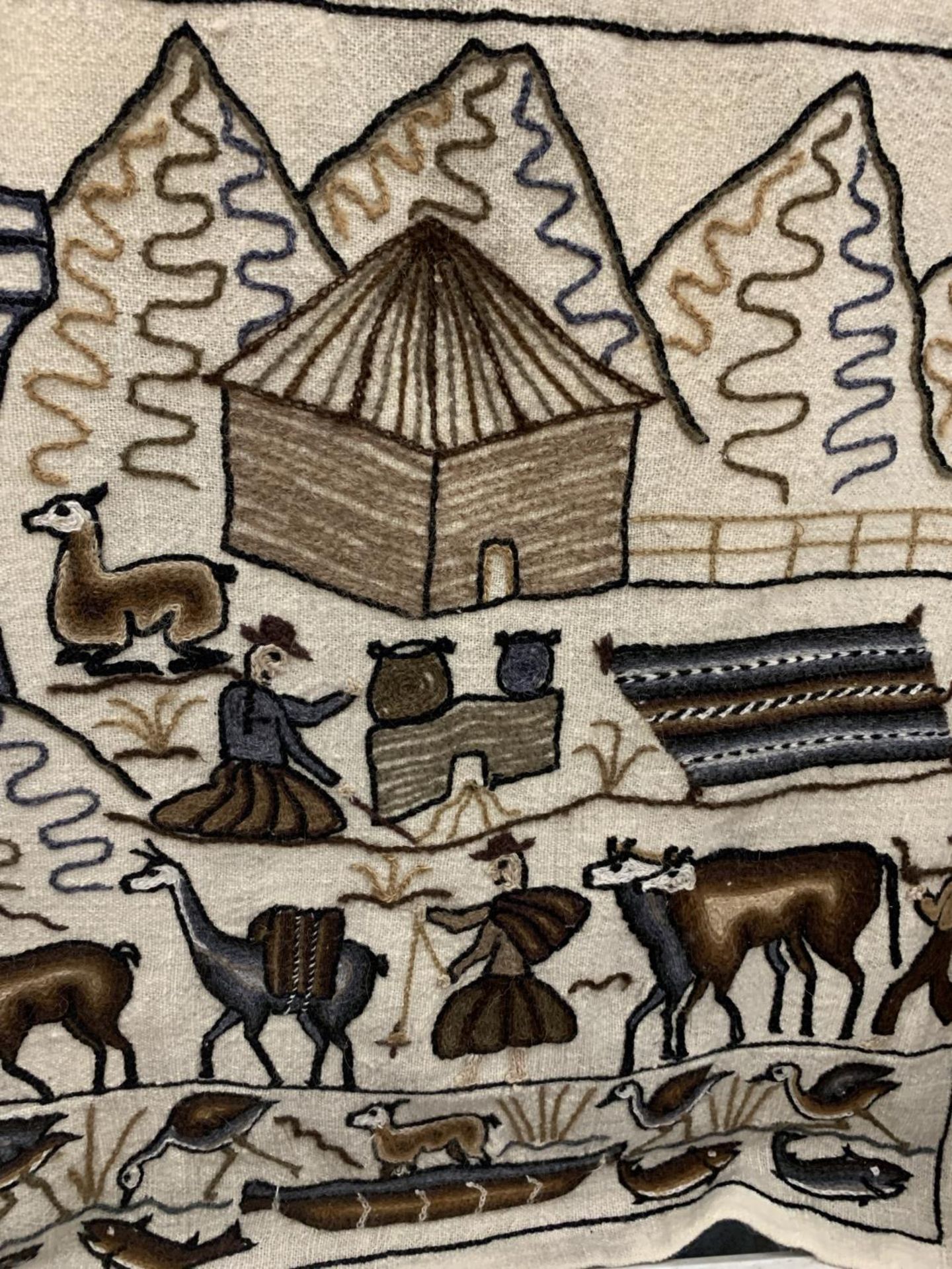 A NAIVE WOOLWORK WALL HANGING WITH ANIMALS, FIGURES AND MOUNTAINS, APPROX 84CM X 80CM - Image 3 of 4