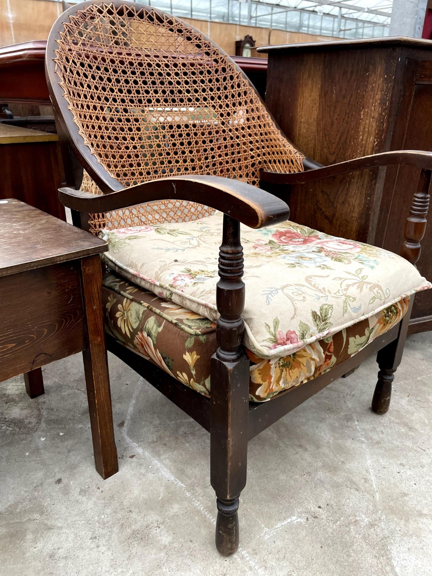 A MID 20TH CENTURY CANE BACK ARM CHAIR, SMALL STOOL AND BOX COMMODE - Image 3 of 3