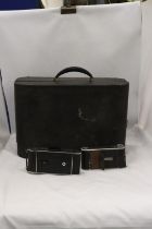 A VINTAGE DECCA SALON GRAMOPHONE PLAYER PLUS TWO VINTAGE CAMERAS IN CASES