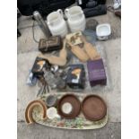 AN ASSORTMENT OF ITEMS TO INCLUDE A CASH TIN, BUTTER PADDLES AND A CONDEMENT SET ETC