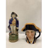 A VINTAGE STAFFORDSHIRE LORD NELSON JUG AND A ROYAL DOULTON LORD NELSON TOBY JUG