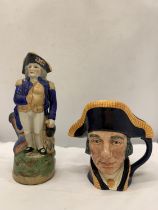 A VINTAGE STAFFORDSHIRE LORD NELSON JUG AND A ROYAL DOULTON LORD NELSON TOBY JUG