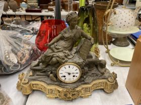 AN ORNATE FRENCH MANTLE CLOCK BY V L HAUSBERG PARIS WITH A LADY HOLDING LIST OF COUNTIRES - EGYPT,
