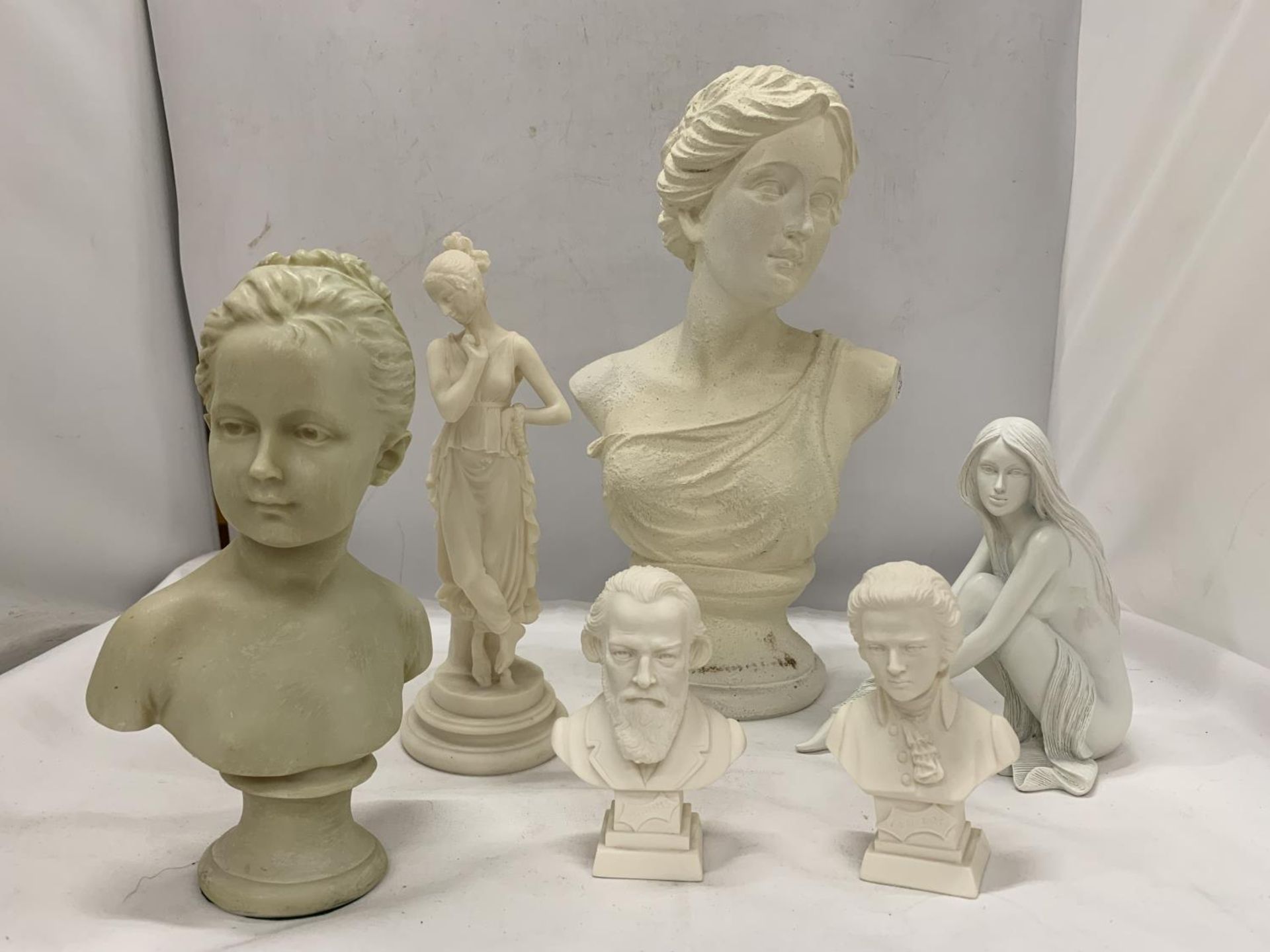 FOUR BUSTS OF FIGURES PLUS TWO LADY FIGURINES - Image 2 of 3
