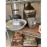 AN ASSORTMENT OF ITEMS TO INCLUDE A BRASS KETTLE AND A JUG ETC