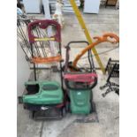 THREE GARDEN TOOLS TO INCLUDE A QUALCAST LAWNMOWER AND AN ELECTRIC STRIMMER ETC