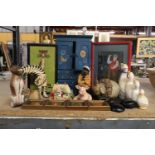 AMIXED LOT TO INCLUDE A MINIATURE WOODEN CUPBOARD AND DRAWERS, CAT ORNAMENTS, FOUR MINIATURE CERAMIC