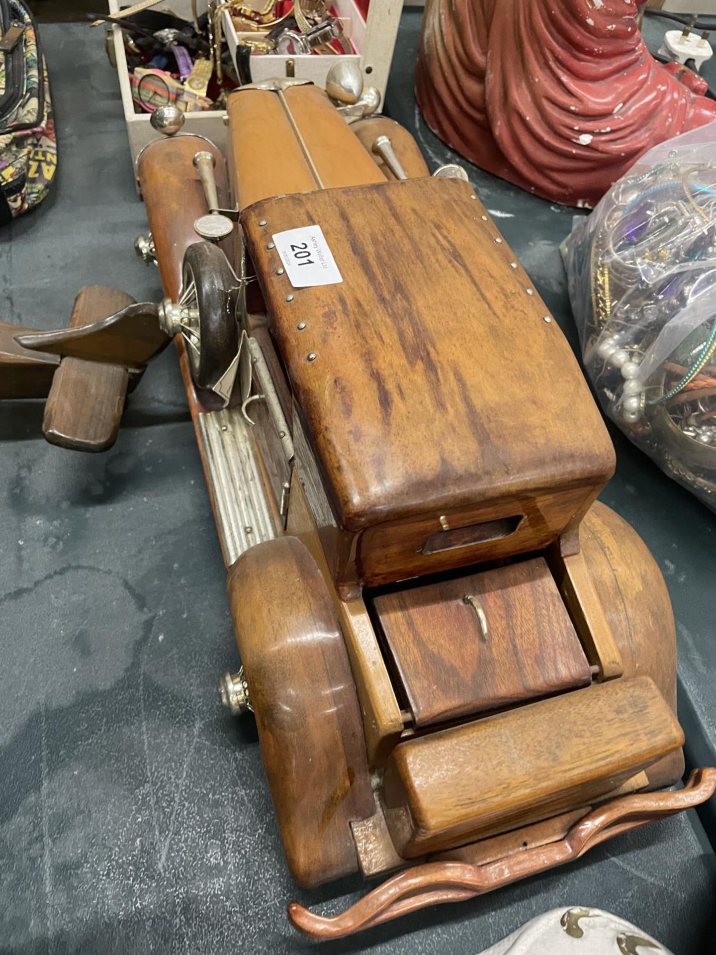 A LARGE WOODEN MODEL OF A CAR PLUS A SMALLER MODEL OF A BI-PLANE - Image 5 of 7