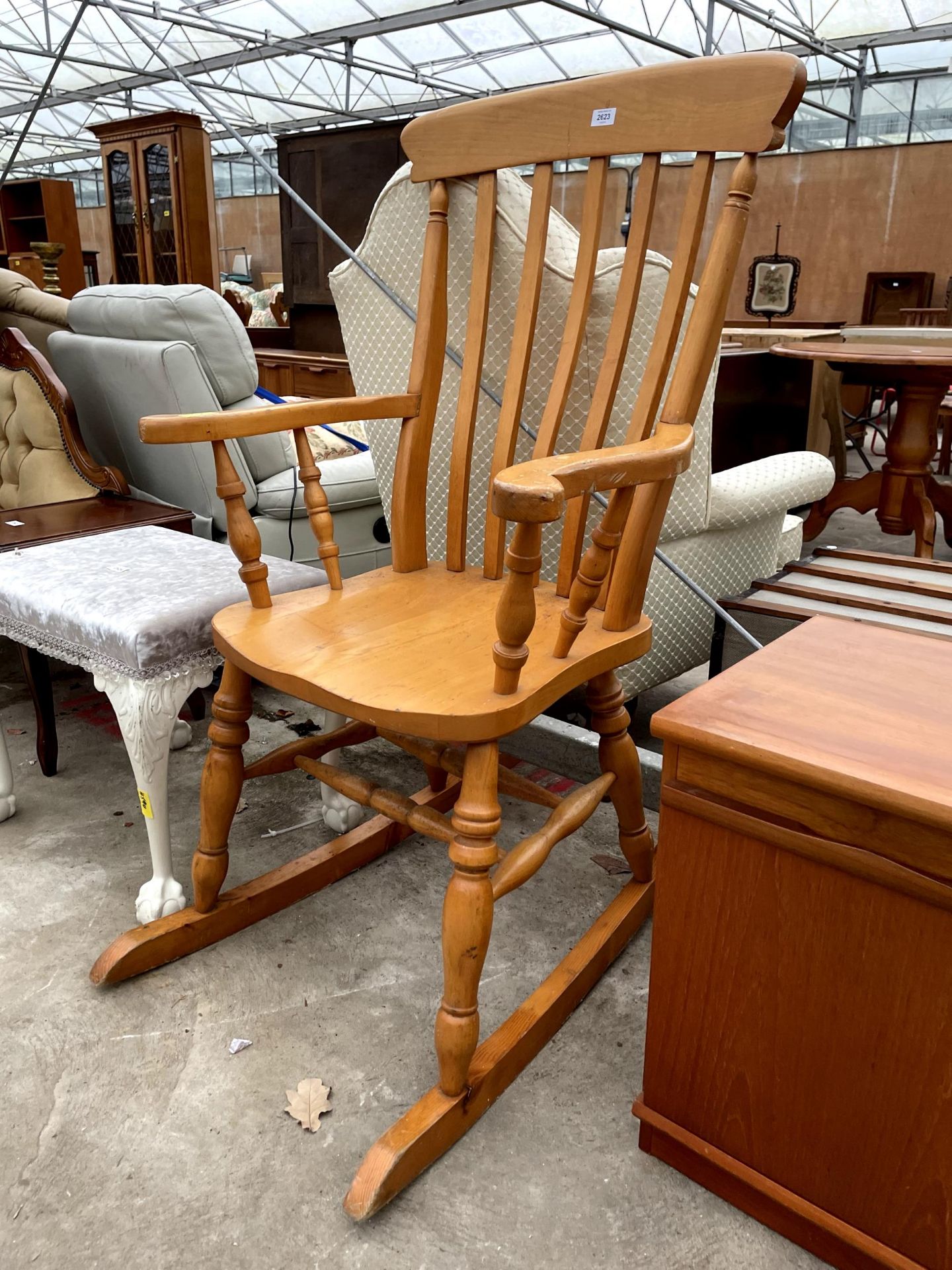 A VICTORIAN STYLE BEECH LATH BACK ROCKING CHAIR - Image 2 of 2