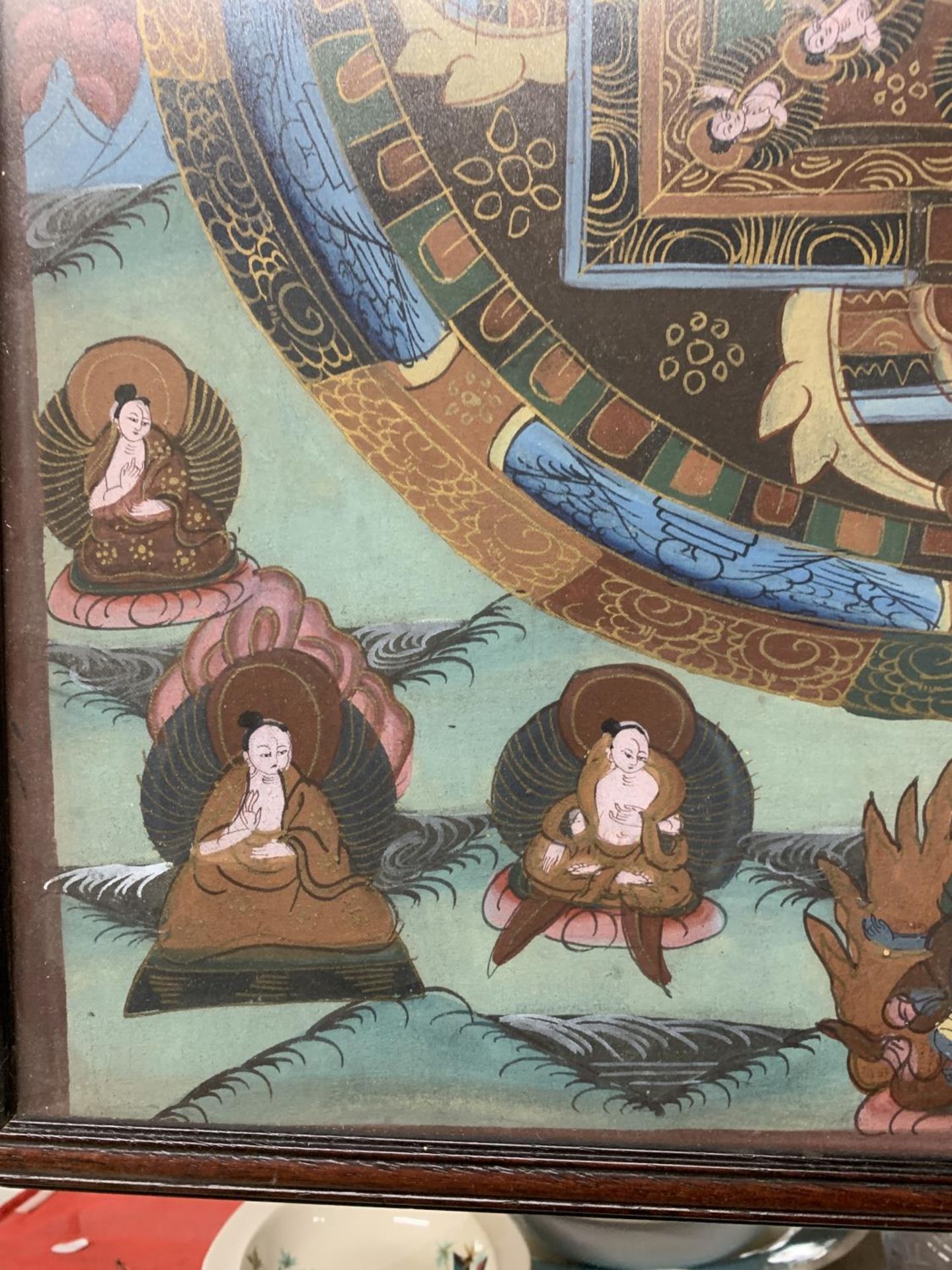 AN OIL AND WATERCOLOUR ASIAN STYLE PAINTING OF BUDDAHS, ETC, 51CM X 55CM - Image 4 of 4