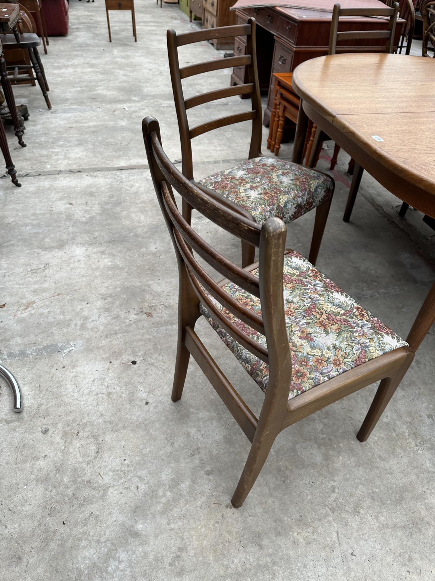 A G-PLAN RETRO TEAK EXTENDING DINING TABLE, 64 X 44" (LEAF 18") AND SIX LADDERBACK DINING CHAIRS - Image 8 of 10