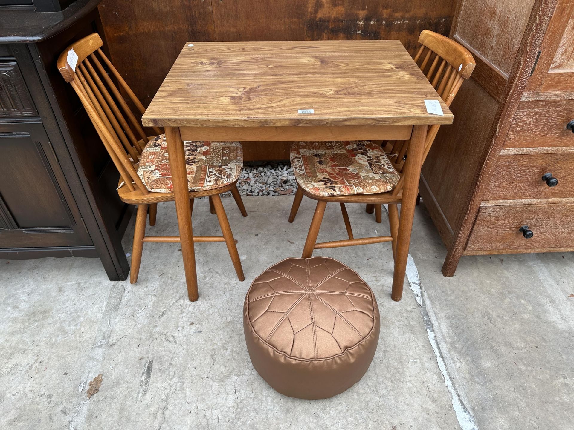 A FORMICA TOP KITCHEN TABLE 30" X 24" BY DINETTE AND A PAIR OF BEECH KITCHEN CHAIRS AND A BETTER