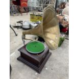 A VINTAGE HIS MASTER VOICE WIND UP GRAMAPHONE