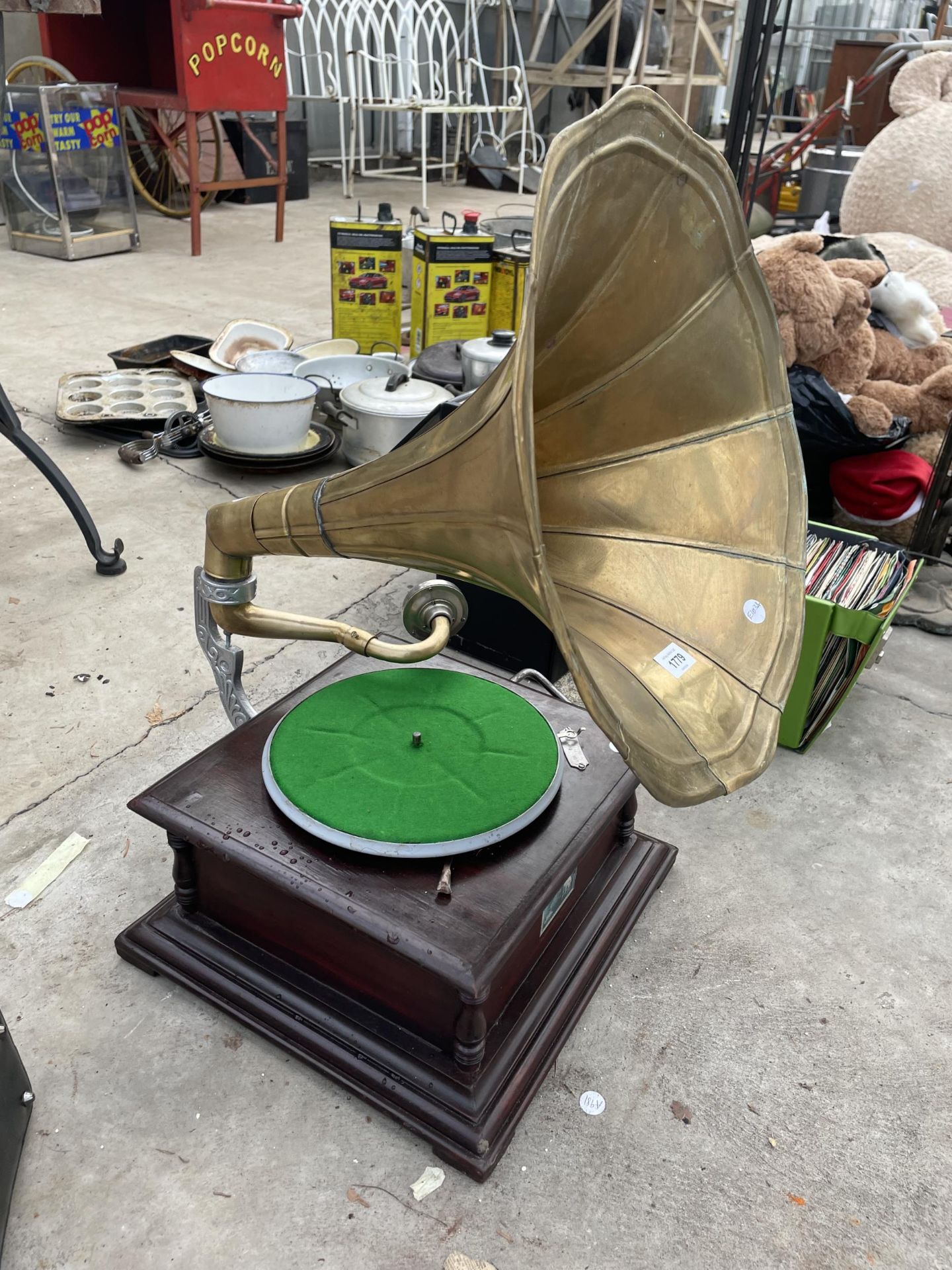 A VINTAGE HIS MASTER VOICE WIND UP GRAMAPHONE