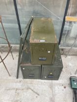 THREE VINTAGE GREEN METAL INDEX CABINETS WITH FRAME