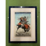 A FRAMED WOODBLOCK PRINT OF THE JAPANESE 'WARRIOR KAJIWARA KAGESUE', 45CM X 59CM