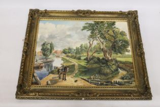 AN OIL OIN CANVAS OF A VINTAGE CANAL SCENE WITH A HORSE PULLING A BARGE, IN A GILT FRAME, 74CM X
