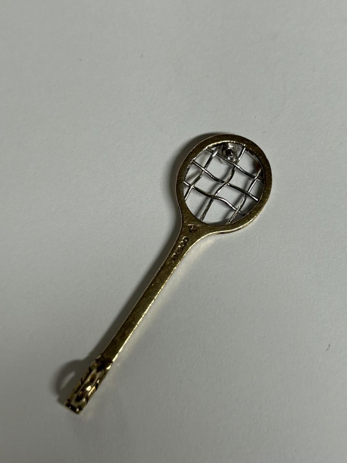 A LATE 2OTH CENTURY 9CT YELLOW GOLD AND DIAMOND TENNIS RACKET PENDANT BY CJ OF SHEFFIELD 1984, - Image 3 of 3