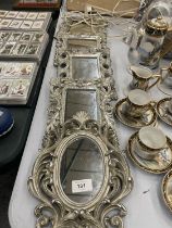 FIVE SMALL MIRRORS WITH ORNATE SILVER COLOURED FRAMES