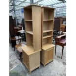 A PAIR OF MODERN OAK UNITS WITH OPEN TOPS AND CUPBOARD TO BASE, 22.5" WIDE
