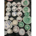 A LARGE QUANTITY OF VINTAGE TEA WARE TO INCLUDE CHINA TRIOS, ADDERLEY 'CORNFLOWER' CUP, SAUCERS,