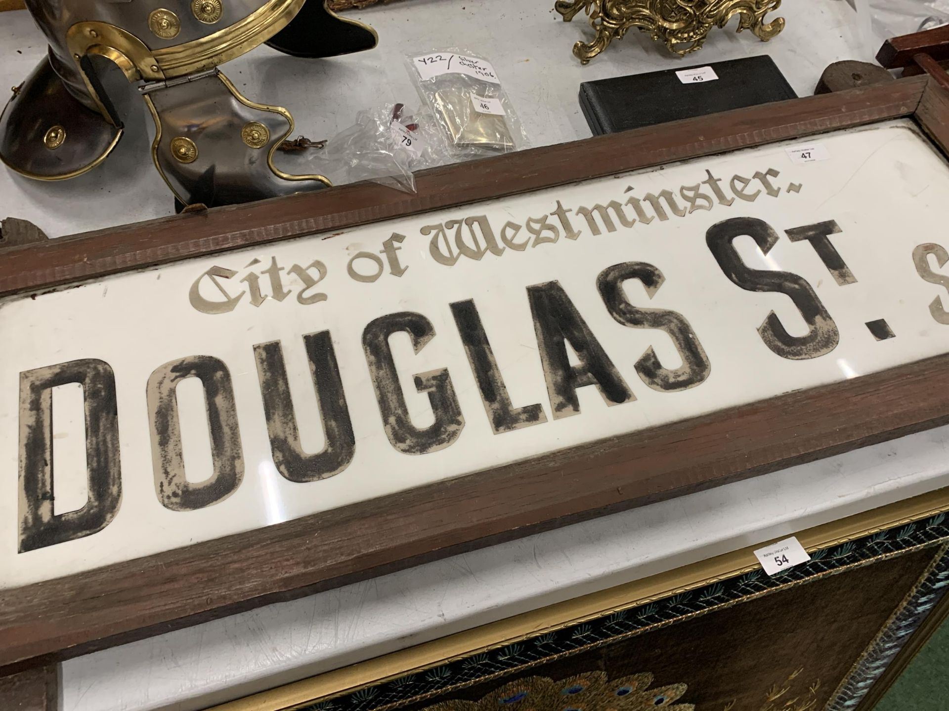 A WOODEN FRAMED ORIGINAL GLASS VINTAGE ROAD SIGN CITY OF WESTMINSTER DOUGLAS STREET SW - Image 2 of 3