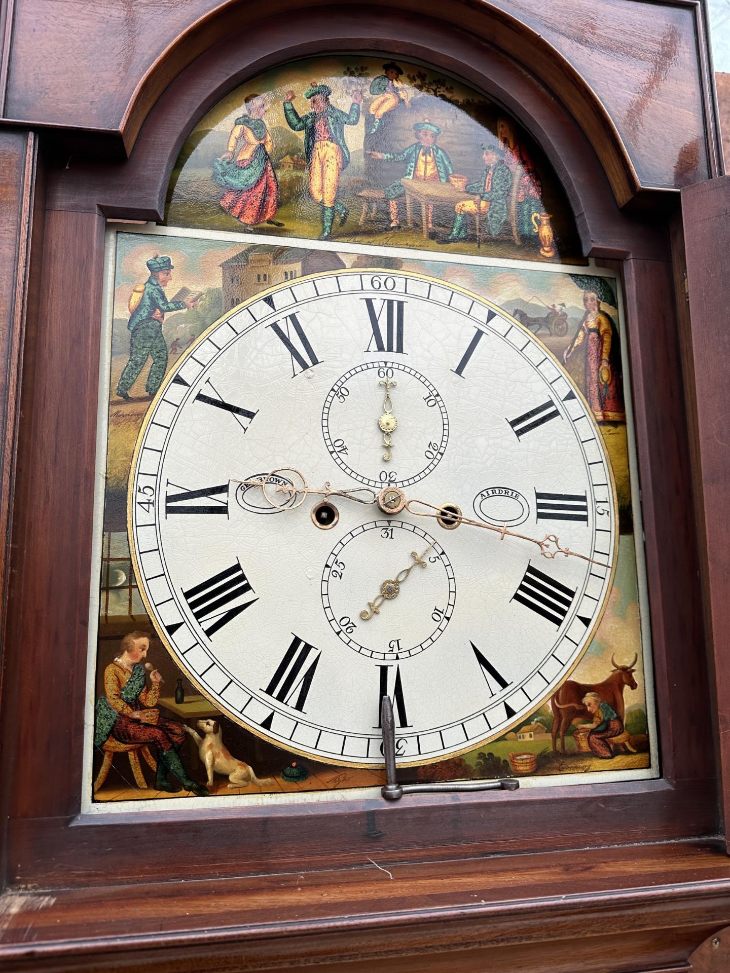 A MAHOGANY LONGCASE CLOCK BY GEO BROWN AIRDRIE WITH PAINTED DIAL DEPICTING MORNING, NOON, EVENING - Image 3 of 5