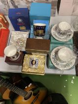 A QUANTITY OF BOXED CHINA AND CERAMICS TO INCLUDE ROYAL DOULTON CHRISTMAS CUPS AND SAUCERS, A