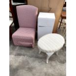 A BEDROOM CHAIR, OVAL STOOL AND PAINTED LOCKER