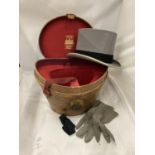 A VINTAGE WOODROW PICCADILLY LONDON GREY TOP HAT AND GLOVES IN A ROBERT HEATH LEATHER HAT BOX