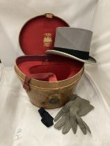 A VINTAGE WOODROW PICCADILLY LONDON GREY TOP HAT AND GLOVES IN A ROBERT HEATH LEATHER HAT BOX