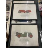 SIX FRAMED PRINTS OF VINTAGE CARS TO INCLUDE A 1930 AUSTIN 7 'ULSTER', 1926 SUNBEAM 3 LITRE, ETC