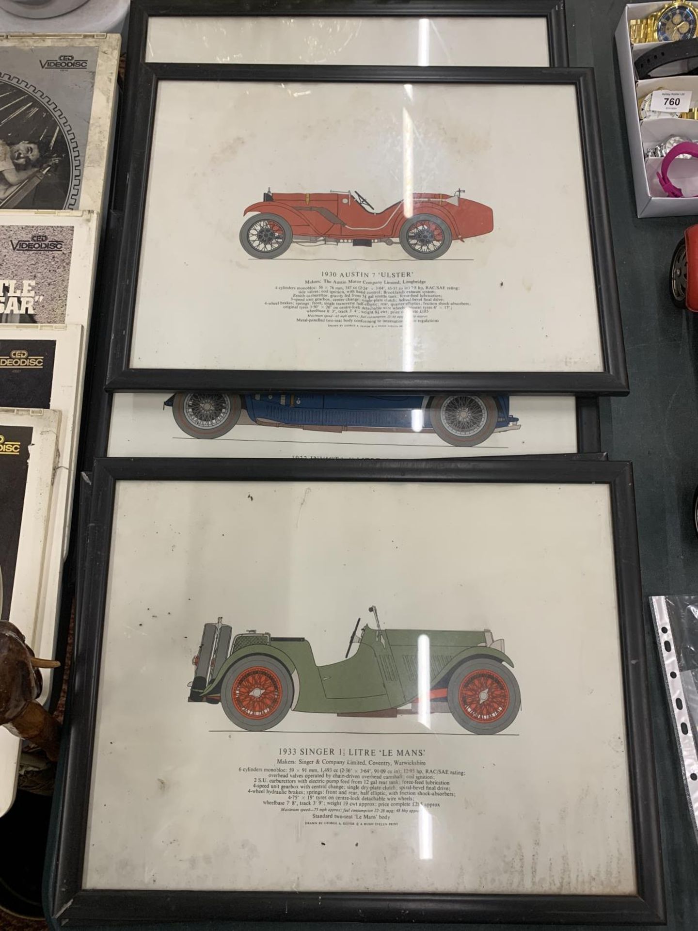 SIX FRAMED PRINTS OF VINTAGE CARS TO INCLUDE A 1930 AUSTIN 7 'ULSTER', 1926 SUNBEAM 3 LITRE, ETC