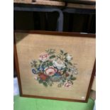 A VINTAGE FRAMED TAPESTRY BASKET OF FLOWERS, 56CM X 55CM