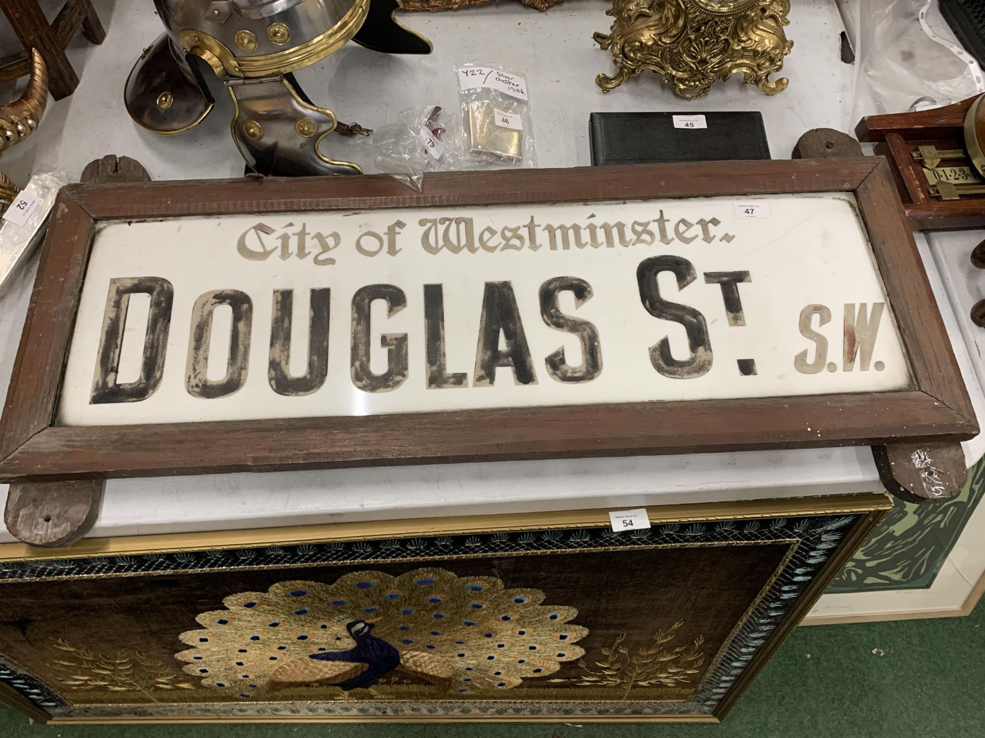 A WOODEN FRAMED ORIGINAL GLASS VINTAGE ROAD SIGN CITY OF WESTMINSTER DOUGLAS STREET SW