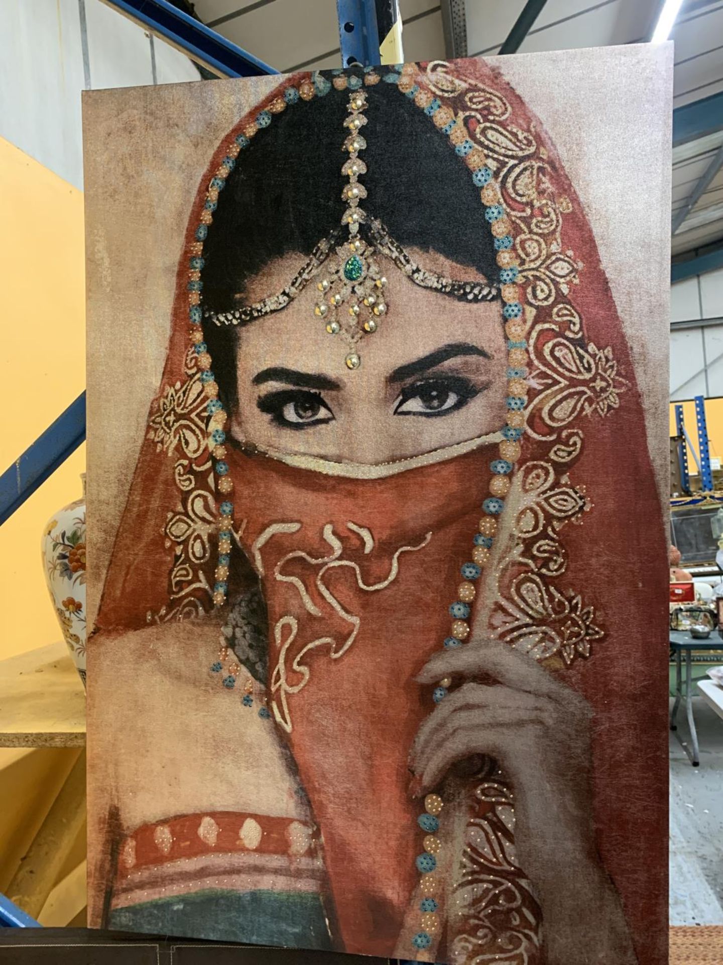 A LARGE JEWELLED EMBOSSED EASTERN LADY ON CANVAS 60CM X 90CM