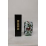 TWO STICK UMBRELLA STANDS, ONE FLORAL, HEIGHT 35CM AND ONE BLACK, HEIGHT 50CM