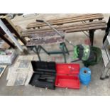 AN ASSORTMENT OF ITEMS TO INCLUDE A FOLDING WORK MATE AND TOOL BOXES ETC