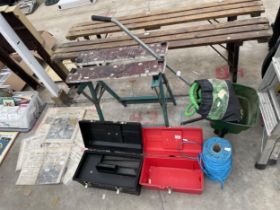AN ASSORTMENT OF ITEMS TO INCLUDE A FOLDING WORK MATE AND TOOL BOXES ETC
