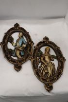 TWO VICTORIAN WOODEN WALL PLAQUES OF A WOMAN AND A MAN 44CM X 25.5CM